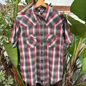 Vintage Y2K Anchor Blue Plaid Short Sleeve Button Up Shirt Size M